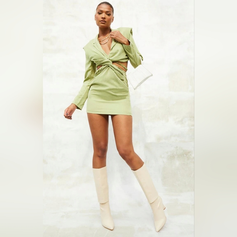 PrettyLittleThing Sage Green Twist Front Mini Dress